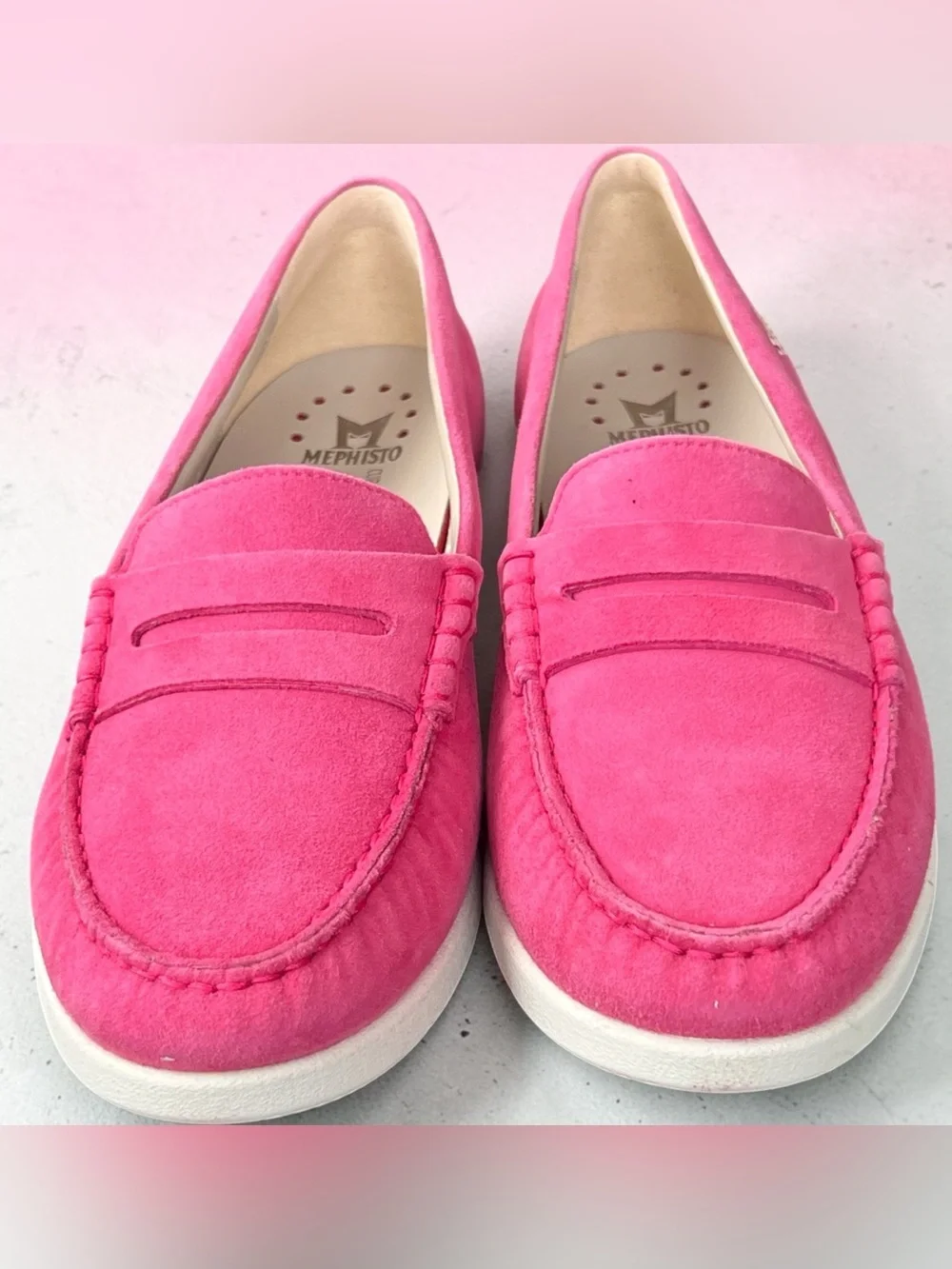 Mephisto Bright Pink Suede Penny Loafers with White Sole
